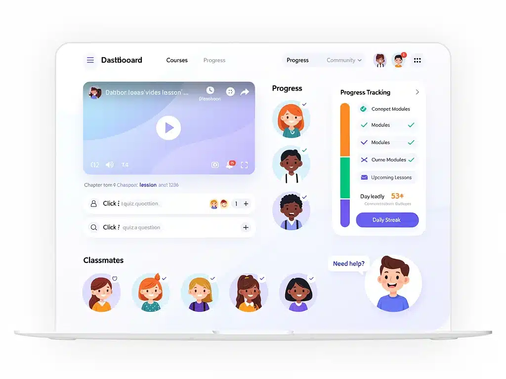 Interactive online learning platform interface with progress tracking.