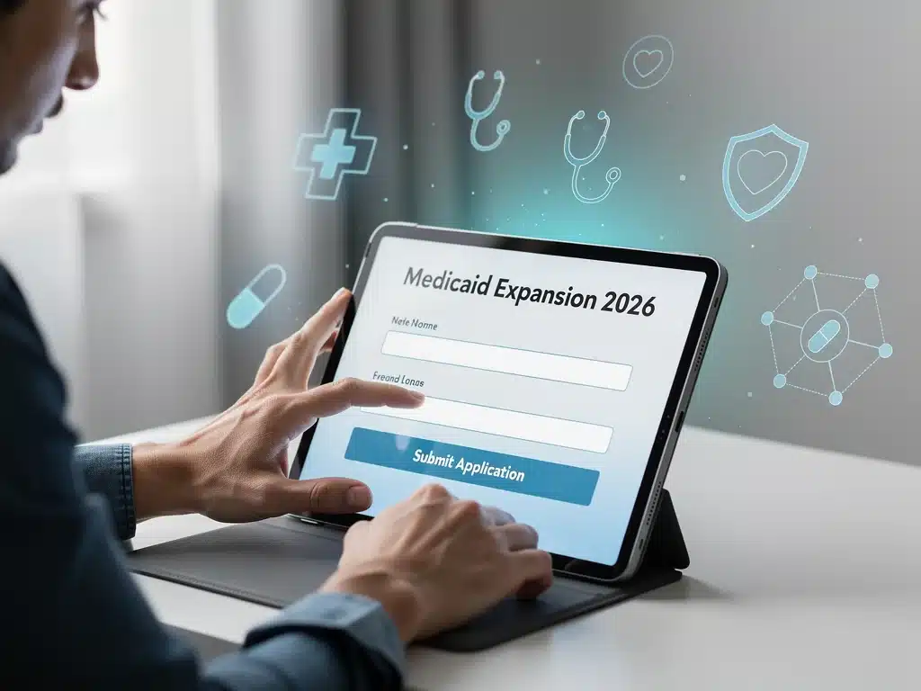 Person completing online application for Medicaid Expansion 2026.
