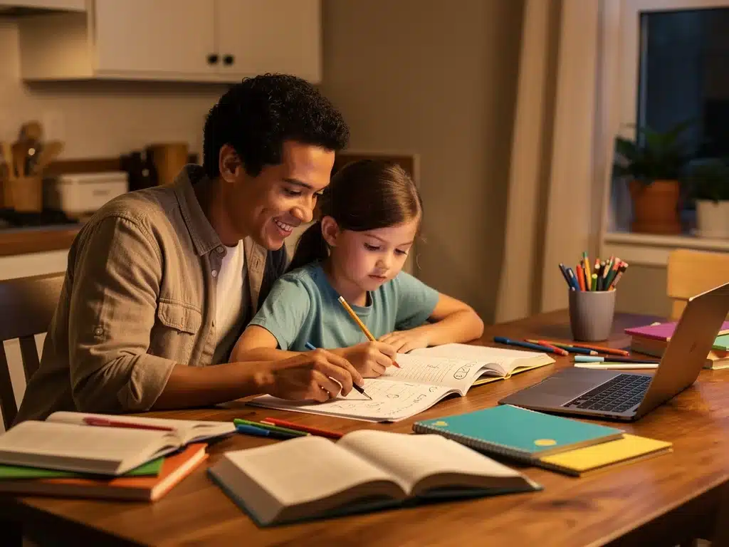 Parent and child reviewing homework at kitchen table