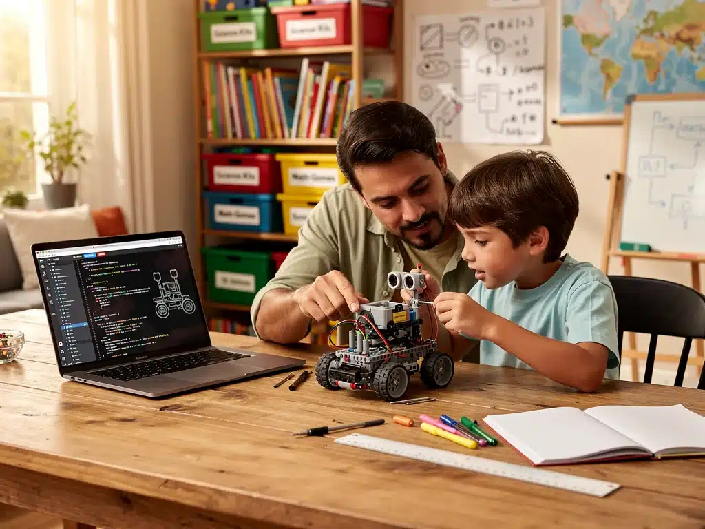 Parent and child building a STEM project at home with digital resources.