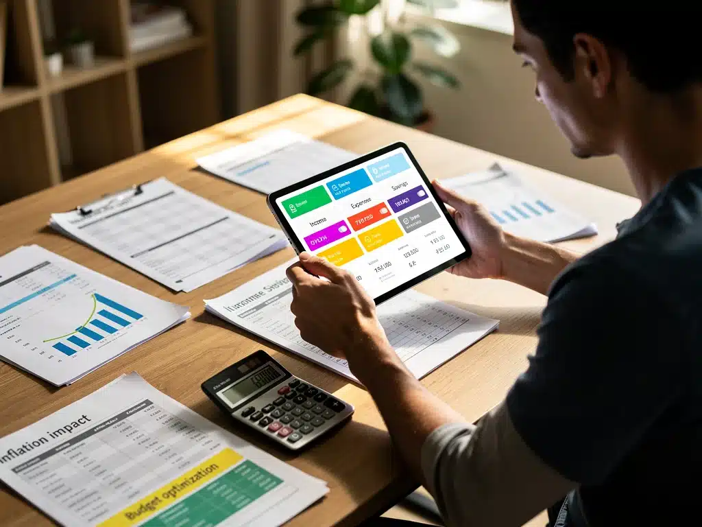 Person budgeting finances on a tablet, symbolizing personal financial planning and expense management to protect purchasing power during inflation.