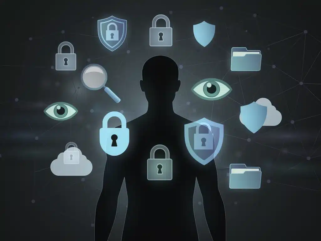 Silhouette with digital protection icons, symbolizing personal data security.