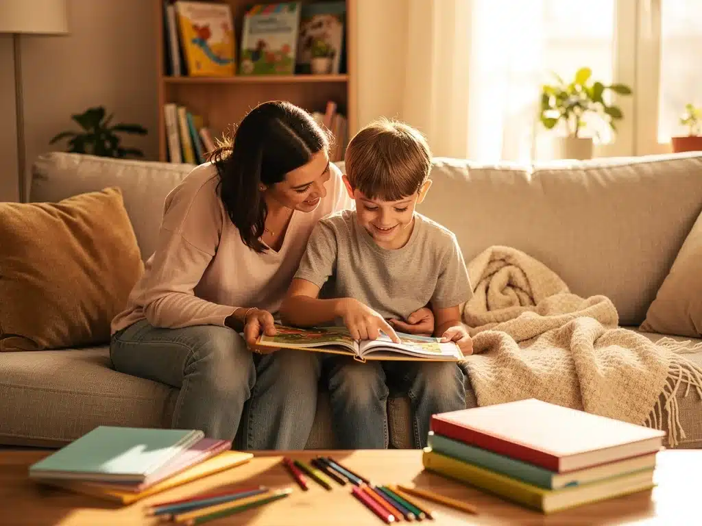 Parent and child reading together on a sofa, depicting personalized homeschooling.