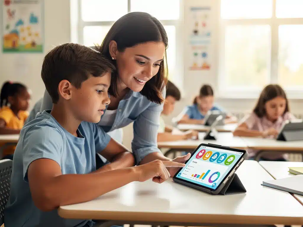 Teacher and student using technology for personalized learning in school