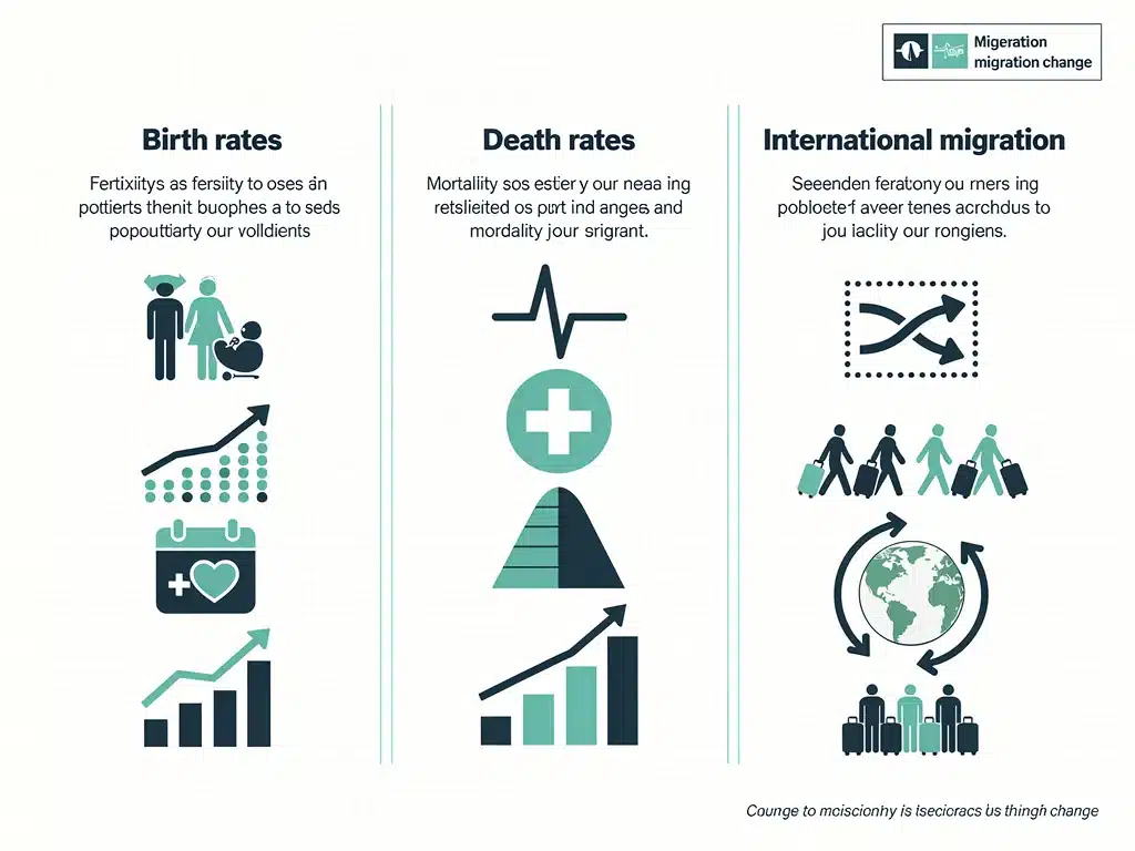 Infographic illustrating factors affecting population change: birth rates, death rates, migration