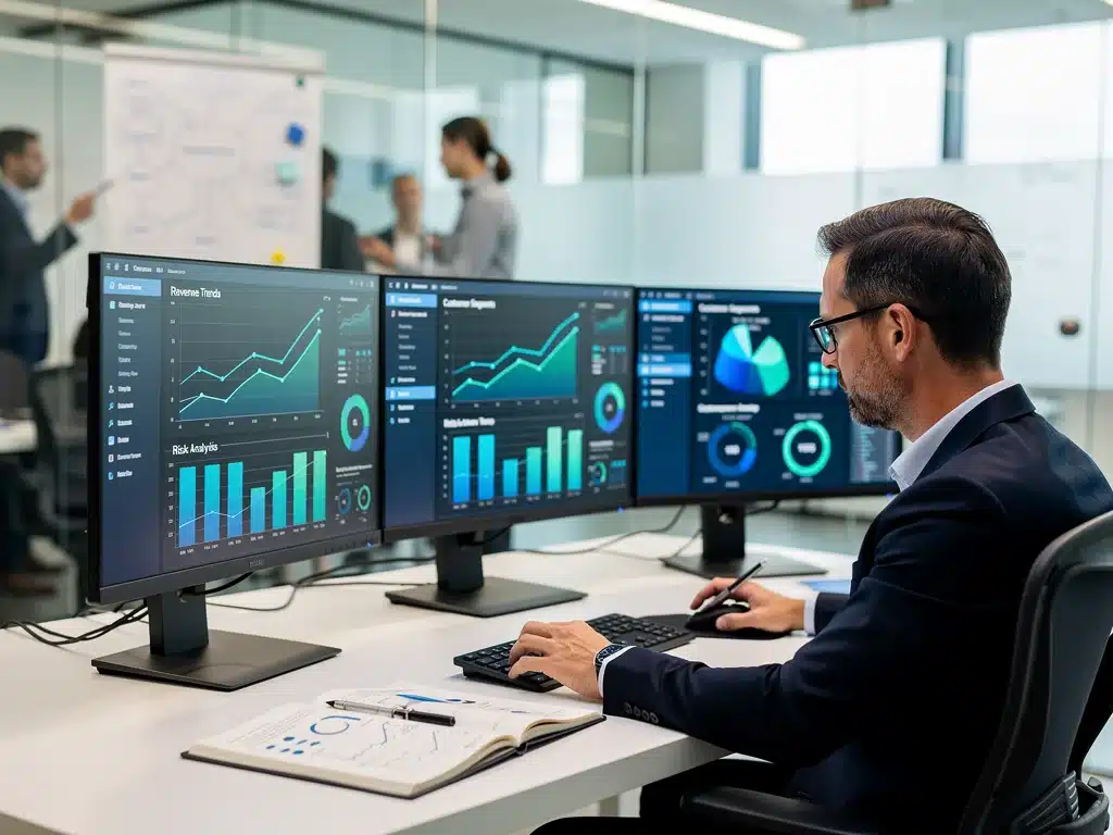 Professional analyzing data visualizations in office