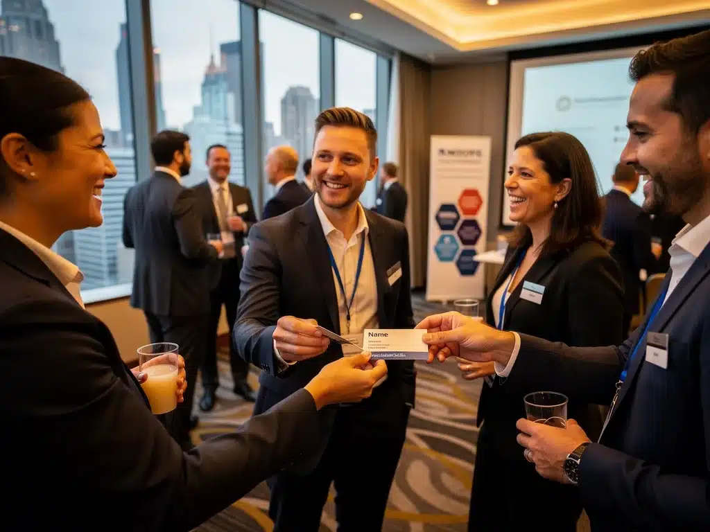 Professionals networking at a US career event, showcasing opportunities for micro-credential holders.