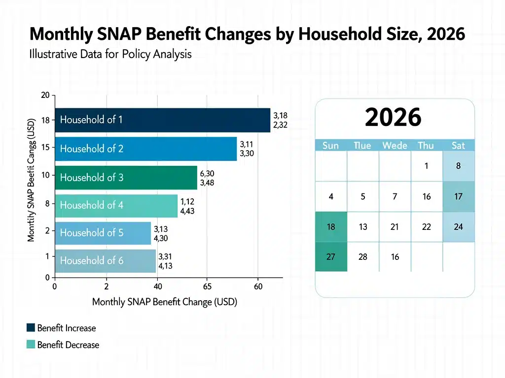 Infographic displaying projected changes in monthly SNAP benefit allocations for various household sizes in 2026.