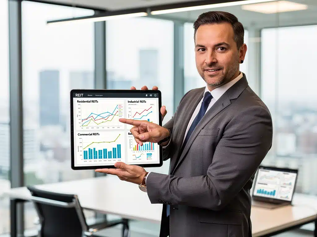 Financial advisor analyzing REIT performance data on a tablet