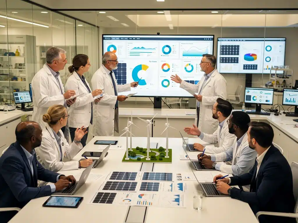 Scientists and policymakers collaborating on renewable energy strategies.