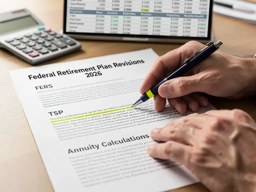 Hands analyzing Federal Retirement Plan Revisions 2026 document