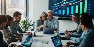 People discussing retirement planning with investment charts