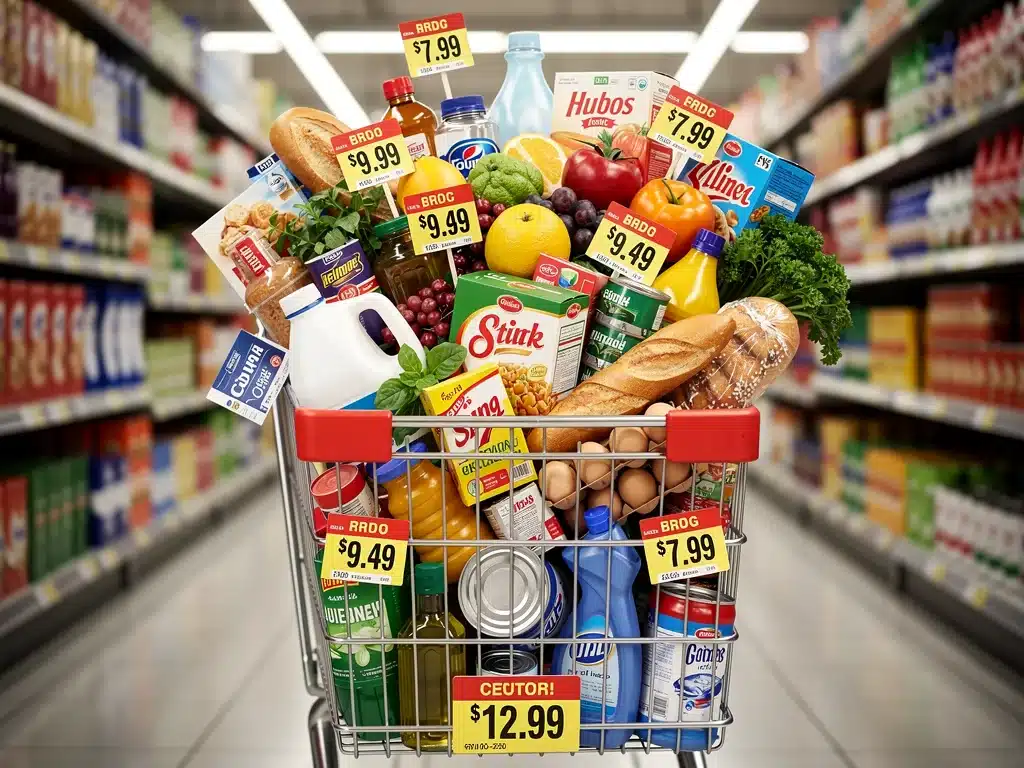 Shopping cart with expensive groceries, symbolizing rising consumer prices