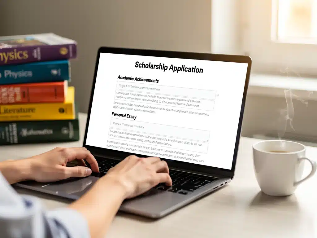 Student typing scholarship application on laptop, focusing on academic and essay details.