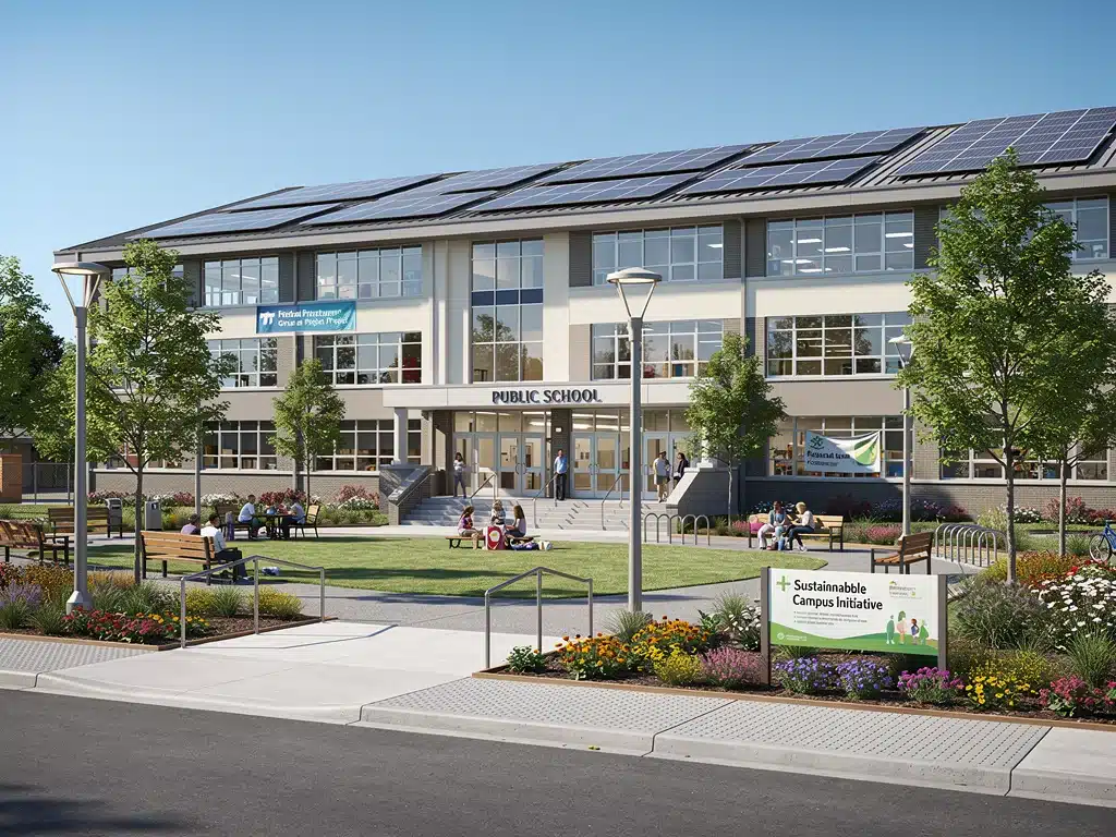 Rendered image of a renovated public school with green infrastructure