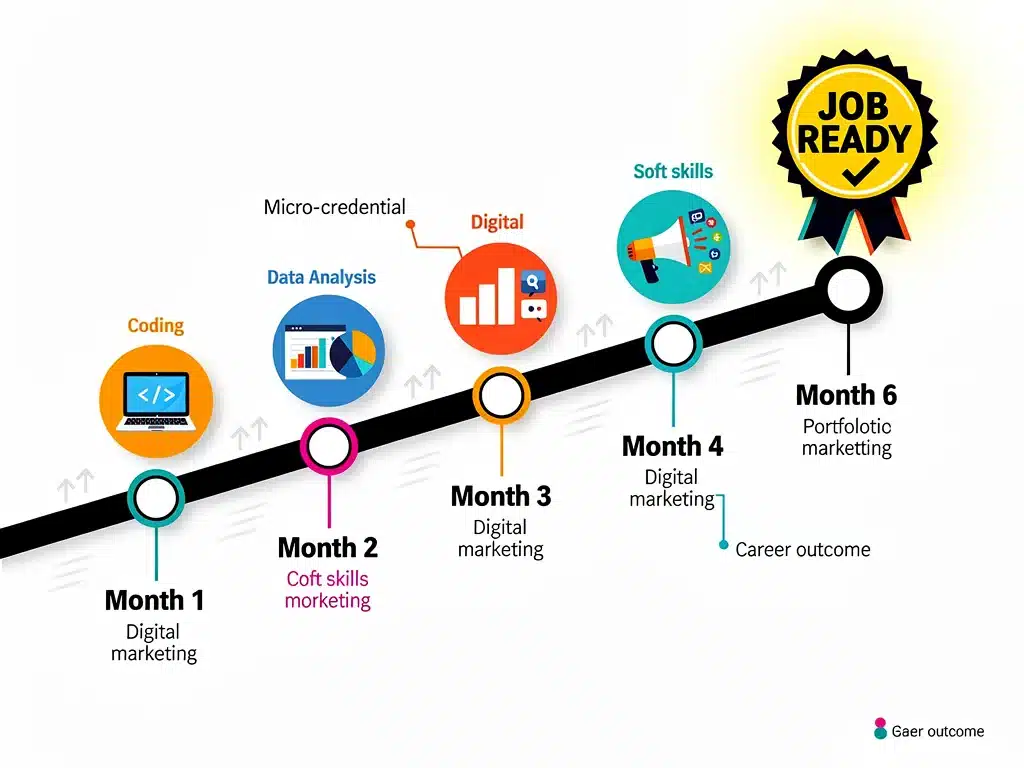Infographic illustrating a 6-month micro-credentialing journey to job readiness.