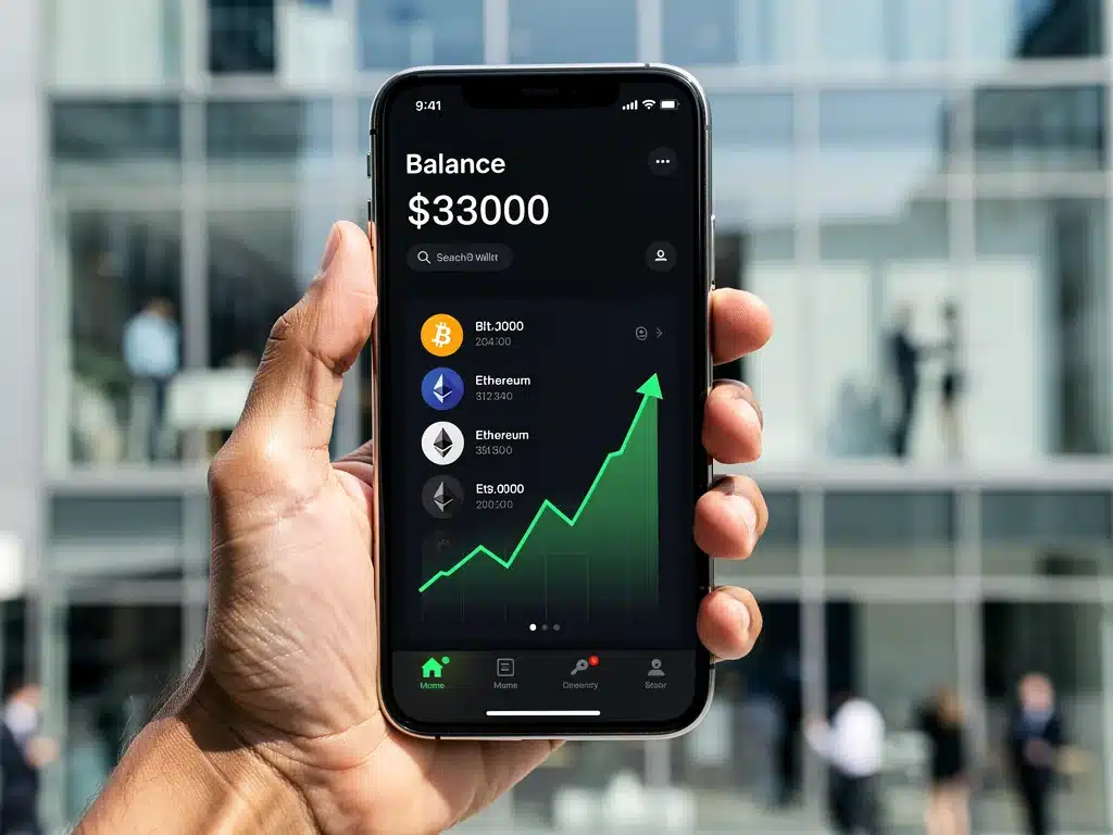Smartphone displaying cryptocurrency wallet in a modern office setting.