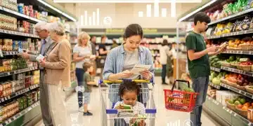 Families and individuals in a grocery store, symbolizing the impact of Federal SNAP Benefit Changes 2026 on food access and monthly allocations.