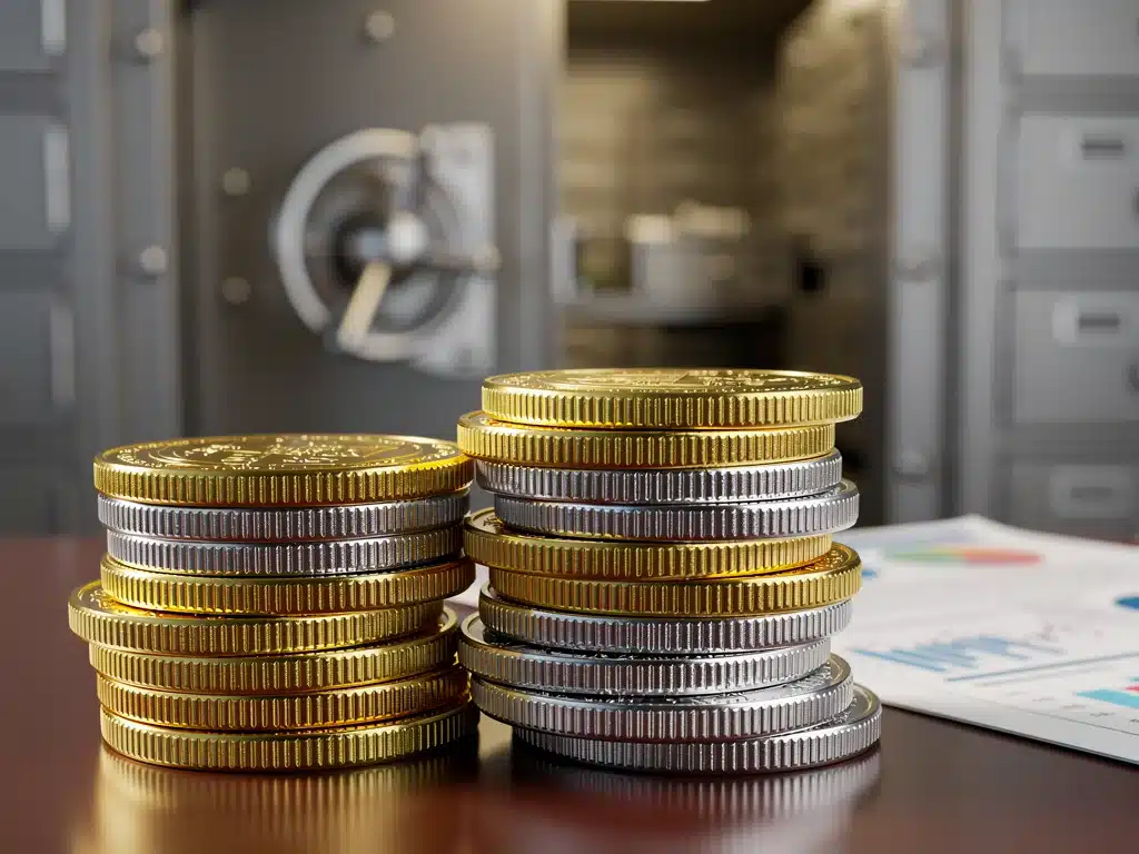 Stacked gold and silver coins symbolizing tangible assets