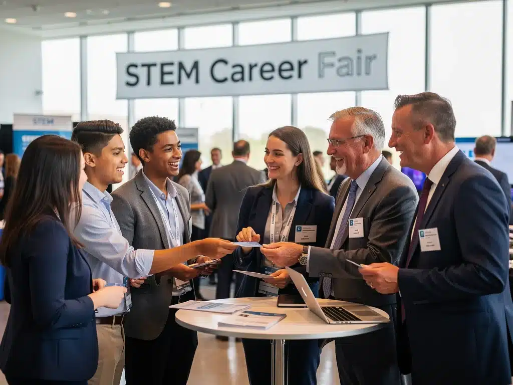 STEM students networking with industry leaders at a career fair, exchanging contacts.