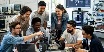 Diverse students collaborating on robotics in a modern STEM lab, symbolizing future innovation.