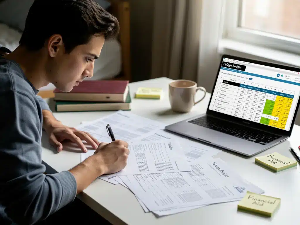 Student analyzing financial aid documents and budget for college expenses.