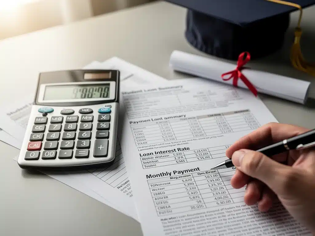 Calculator and financial documents illustrating student loan payment calculations.