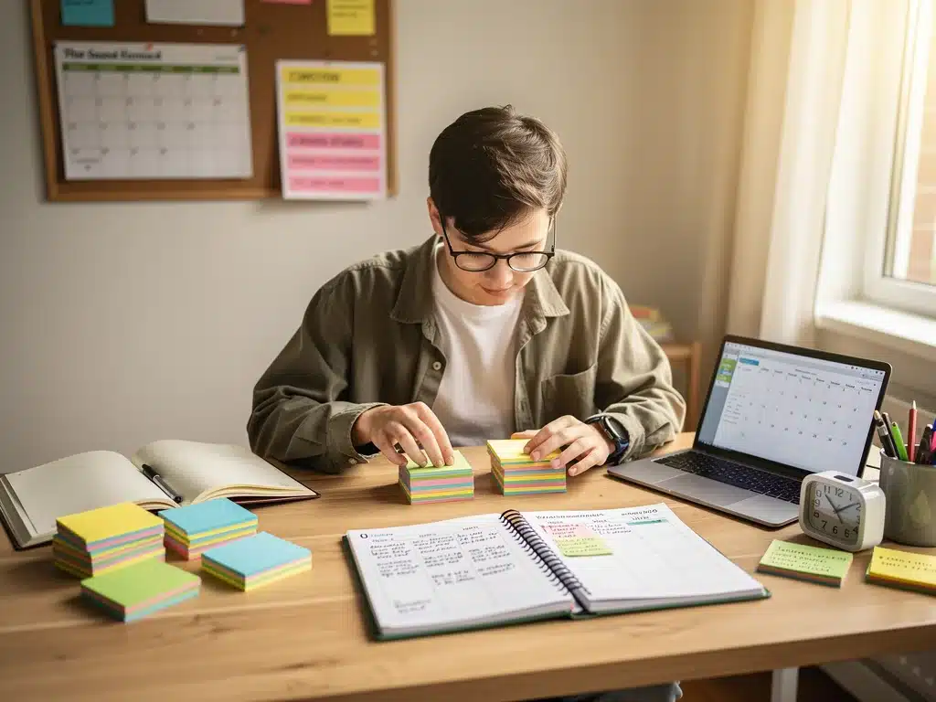 High school student organizing study materials with planner