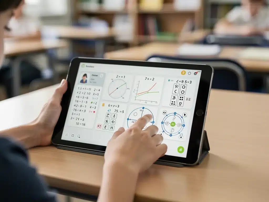 Student using a tablet for educational problem-solving tasks.