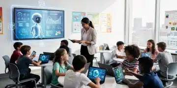 Students learning with AI tools in a modern US classroom.