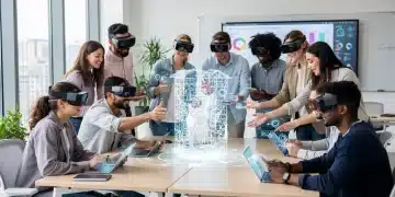 Students using AR in a modern university classroom