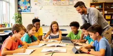 Students collaborating in a modern US classroom, boosting academic performance