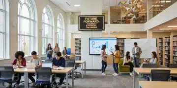 Students discussing federal student loan rates in a modern library