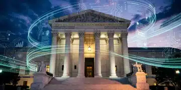 Supreme Court building with digital data overlay, representing digital privacy ruling.