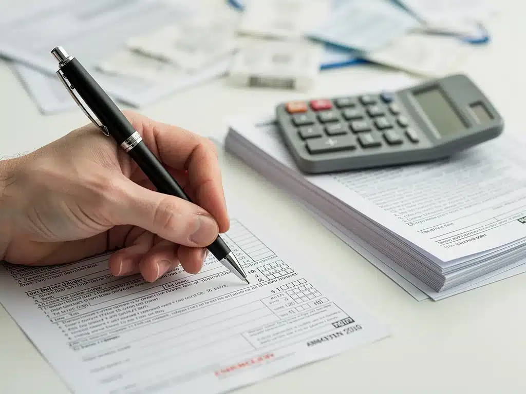 Hand with pen over tax forms, calculator in background, symbolizing careful EITC preparation
