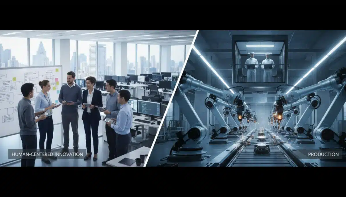 Visual representation of a modern tech office contrasted with an automated manufacturing plant, illustrating the shift in labor demands.