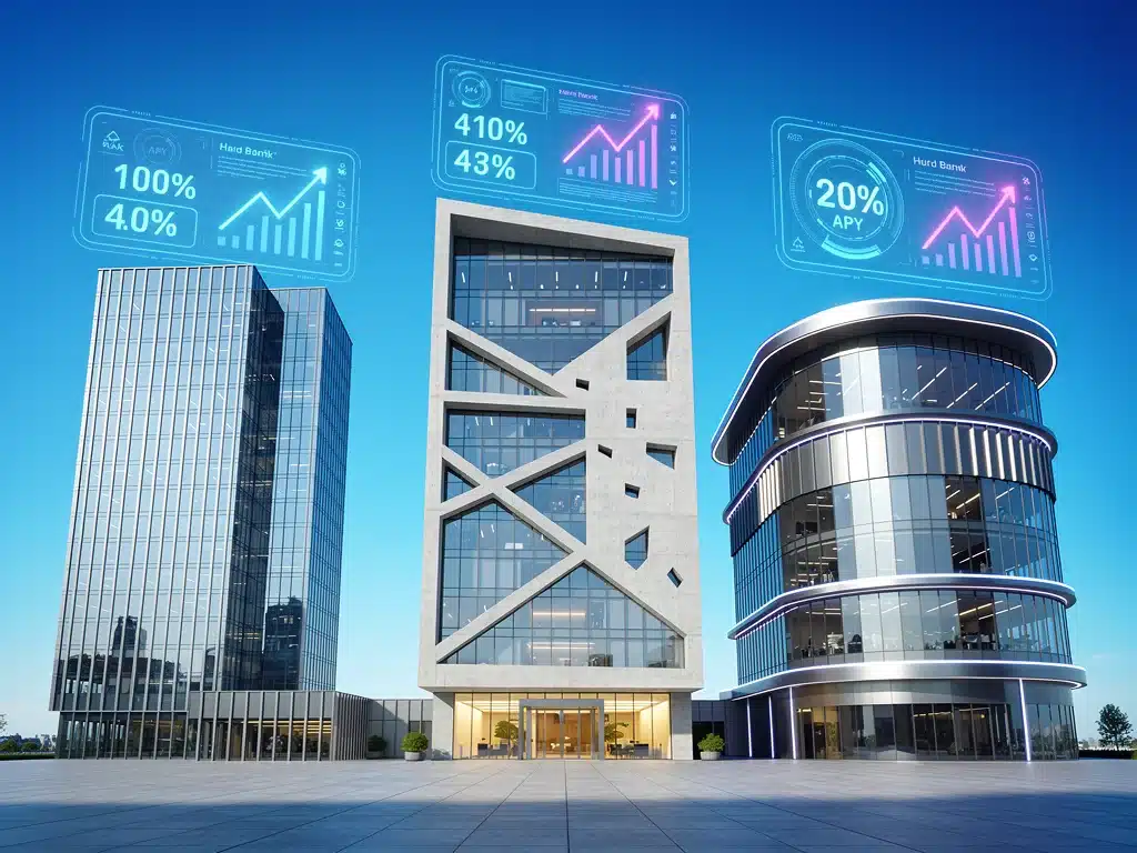 Three modern bank buildings representing top high-yield savings providers