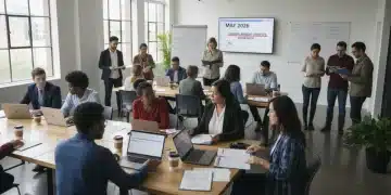 Workers discussing new unemployment insurance benefits in 2026, reviewing documents and policies.
