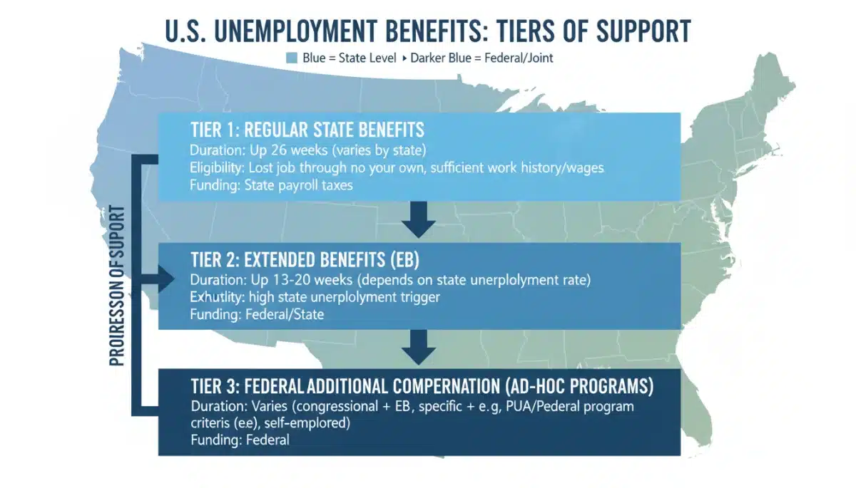 Infographic showing tiers of unemployment benefits, including regular and extended coverage.