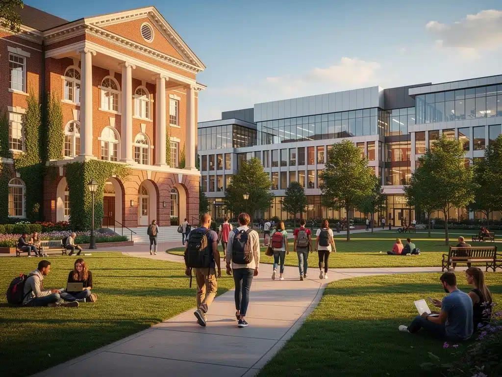 University campus with diverse students walking