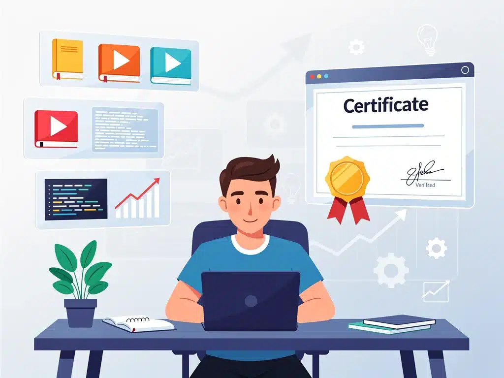 Individual engaging in online learning, symbolizing skill development for the future job market.