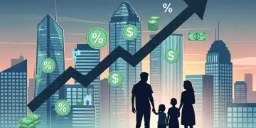 Stylized economic chart with rising indicators, dollar signs, and family silhouette representing personal finance in a modern city.