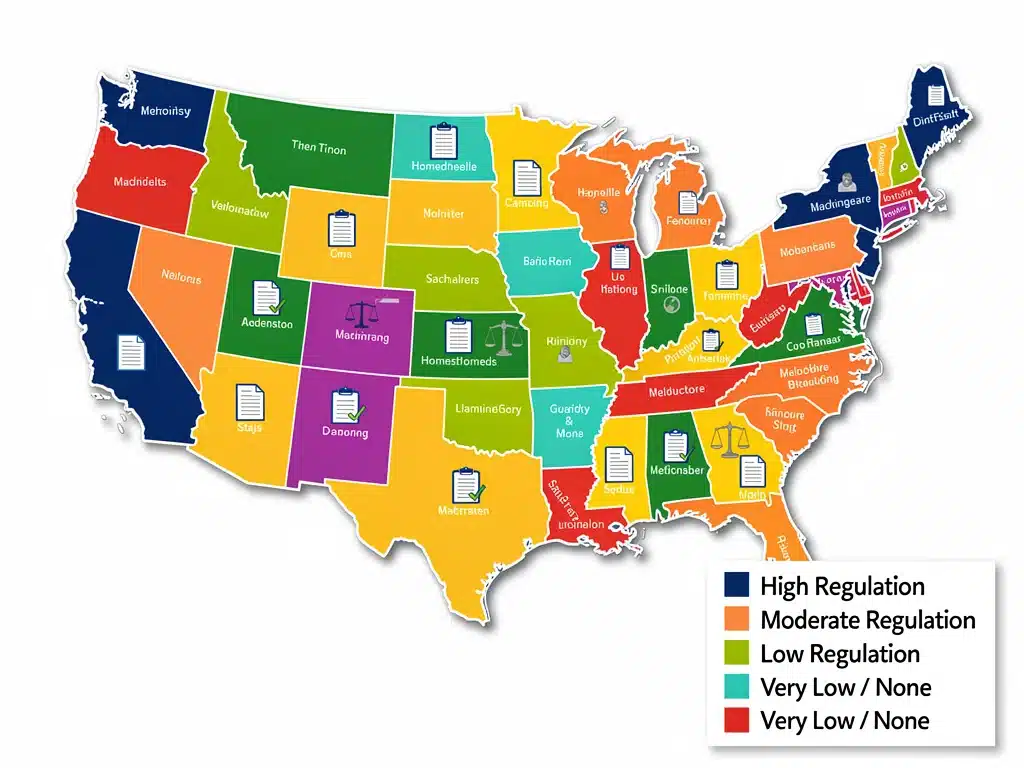 Map of US states showing varied homeschooling regulations.