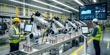 Advanced manufacturing facility with robots and workers in the US, symbolizing industrial growth.