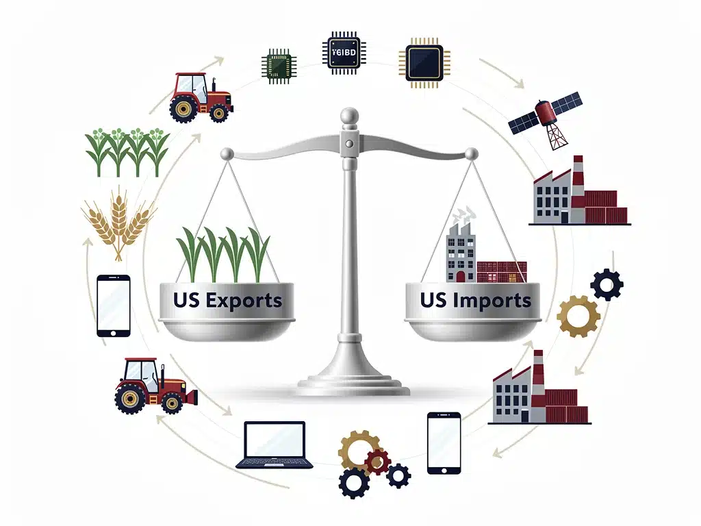 Balanced trade scale representing US exports and imports, with industry symbols.
