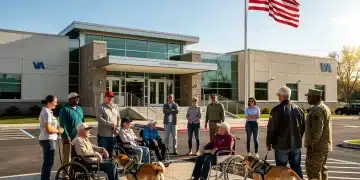 Veterans gathered outside a modern VA facility, symbolizing improved access to benefits.