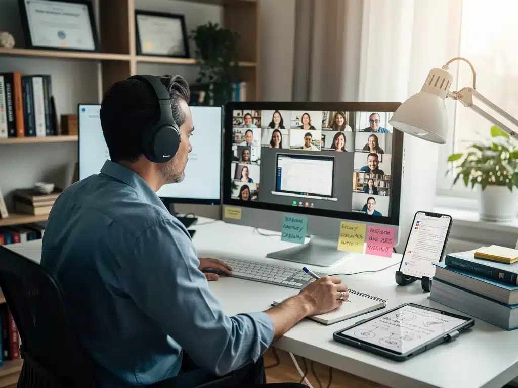 Professional participating in a virtual class from a home office, highlighting career flexibility.