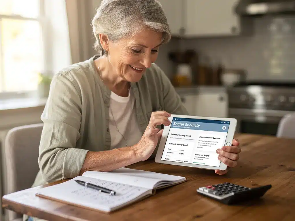 Woman reviewing estimated Social Security benefits on a tablet.