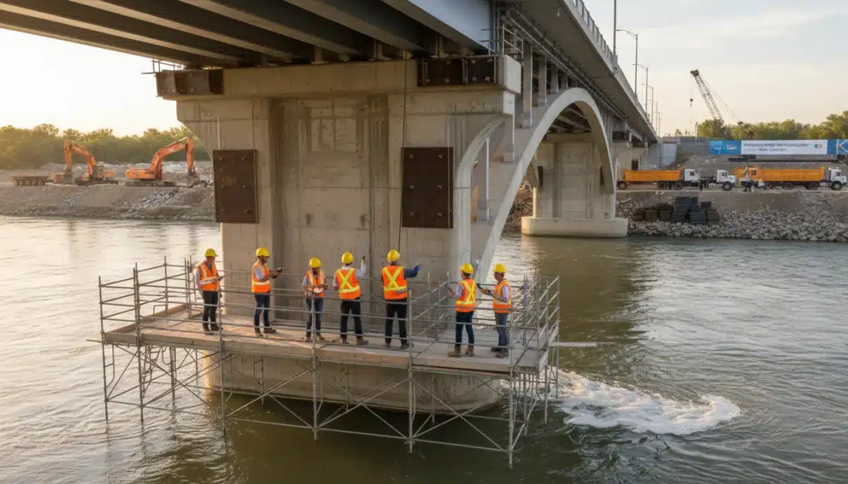 Construction workers inspecting a new bridge over a river