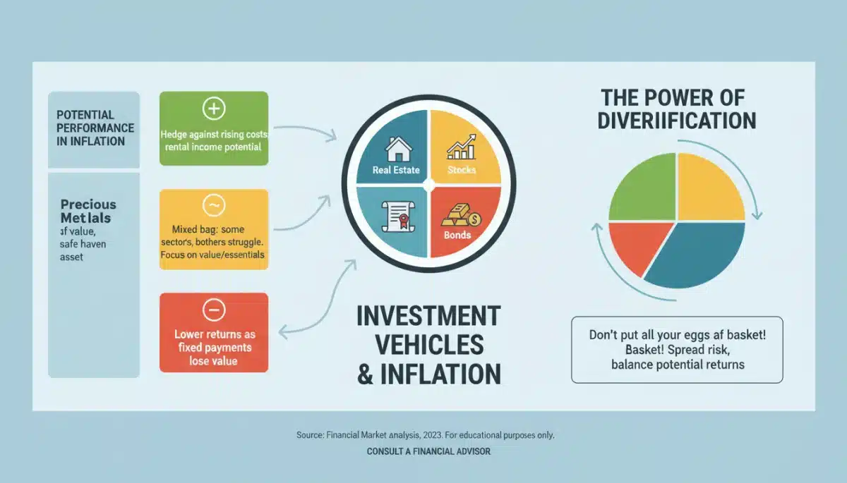 Diversified investment portfolio strategies infographic for inflation protection
